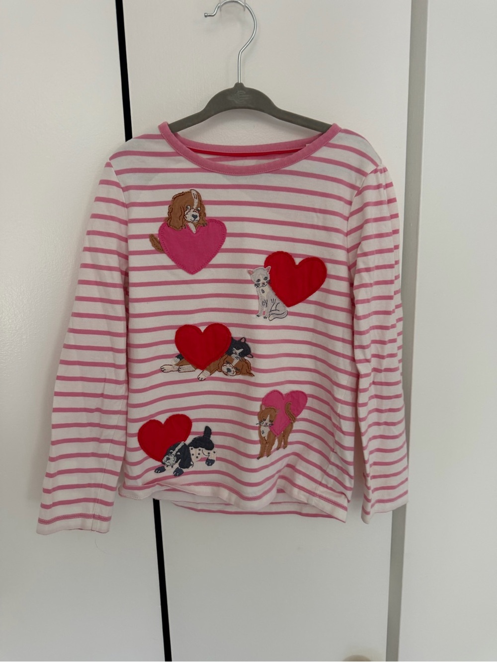 Mini Boden Pink & White Striped Long-Sleeve Top with Heart & Puppy Appliqués